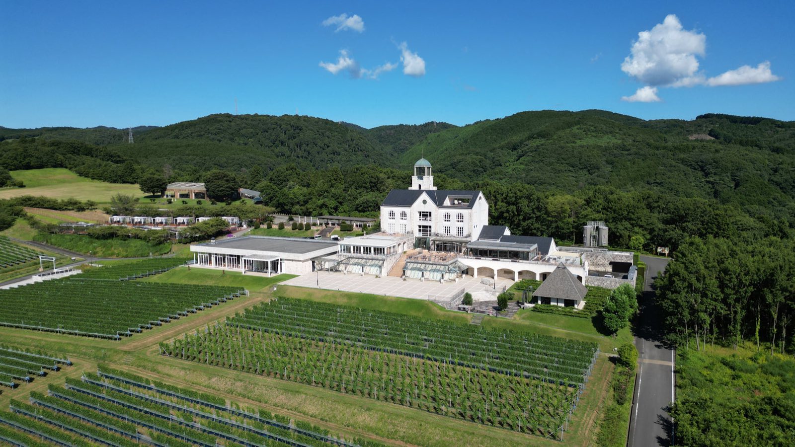 葡萄畑の丘に建つ中伊豆ワイナリーヒルズの全景